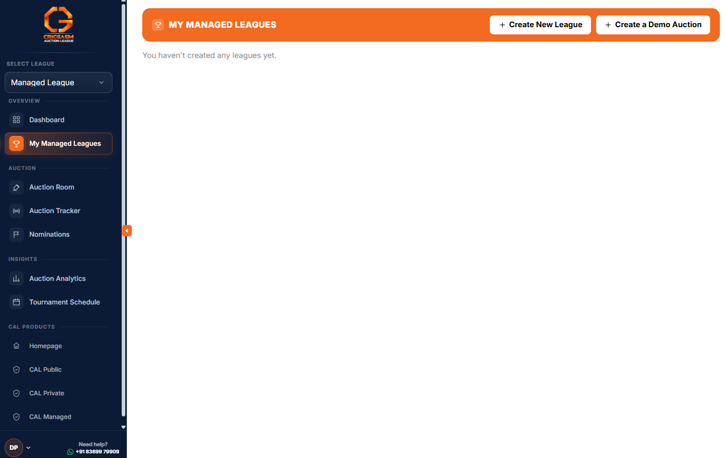 My Managed Leagues console, with Create New League and Create a Demo Auction