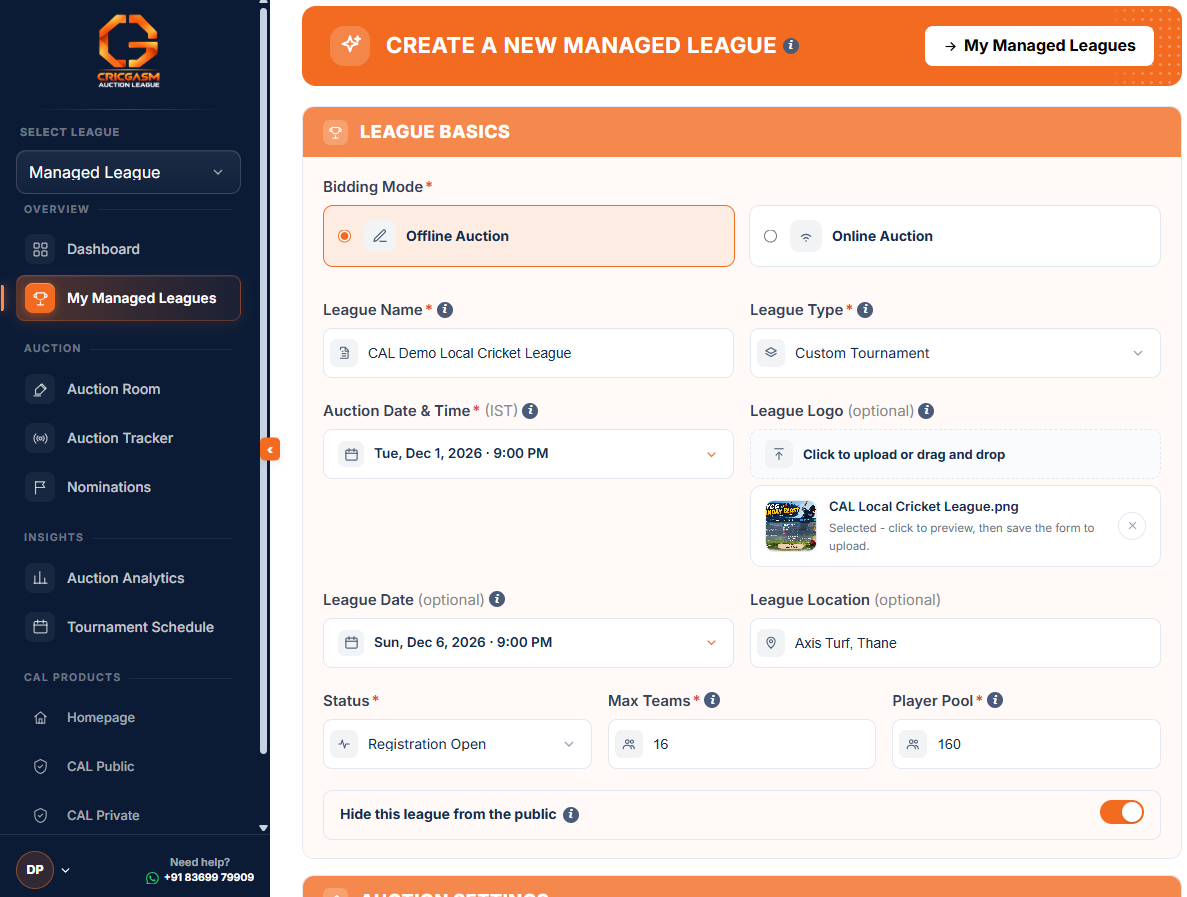 Create league form: League Basics