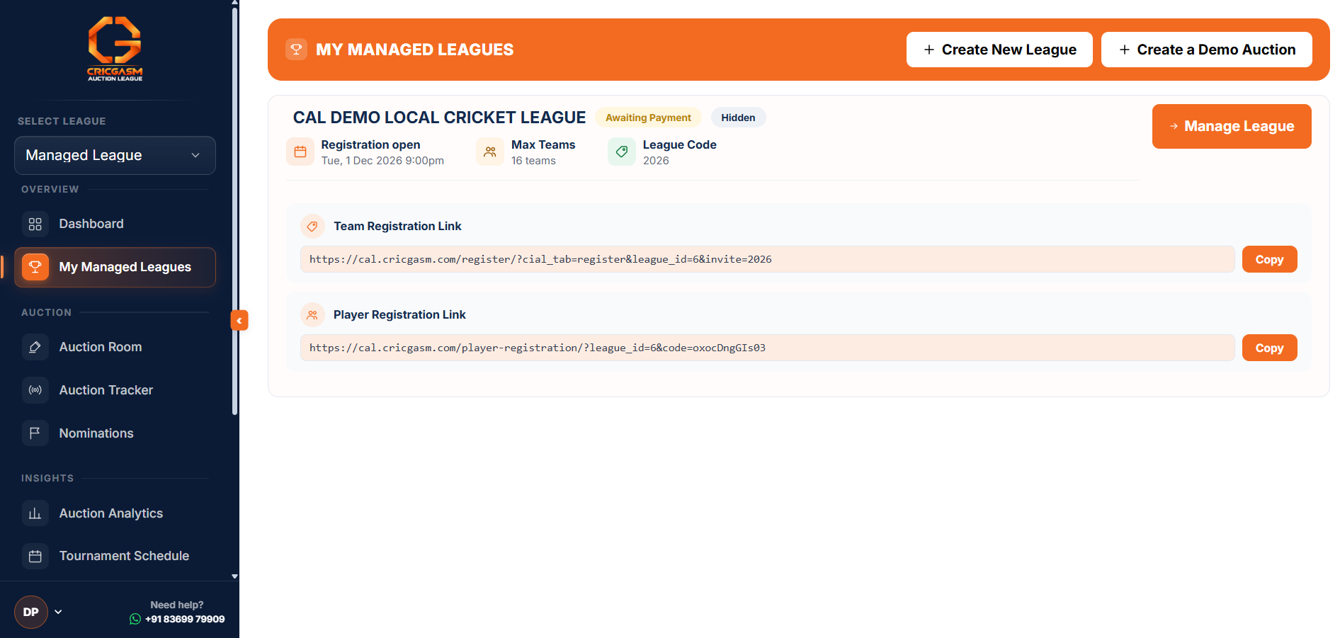 Your league card shows the league code and a Team Registration Link to share