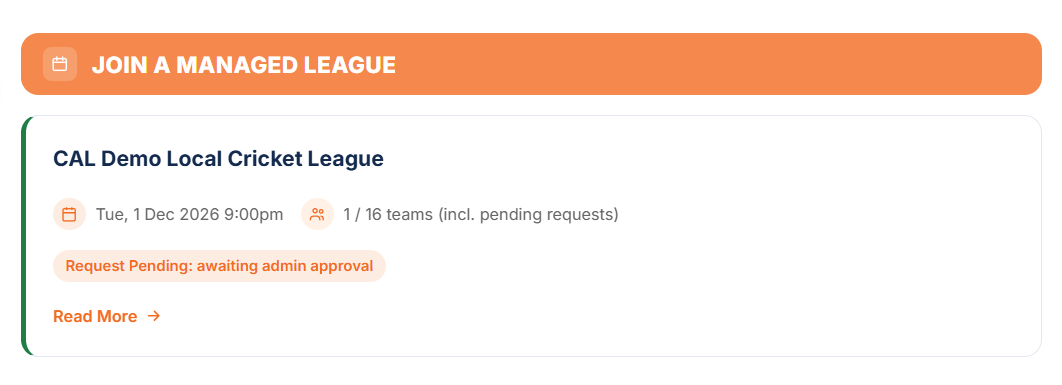 After joining, the team shows on their dashboard marked Request Pending