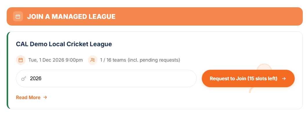 Joining with a league code from your dashboard: Join a Managed League