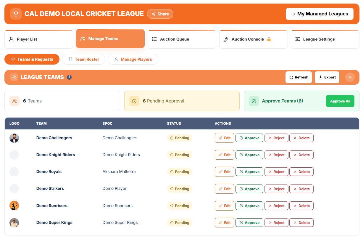 Manage Teams: League Teams with requests to approve