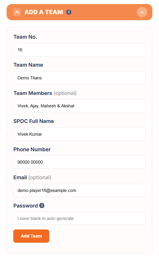 Manage Teams: Add a Team