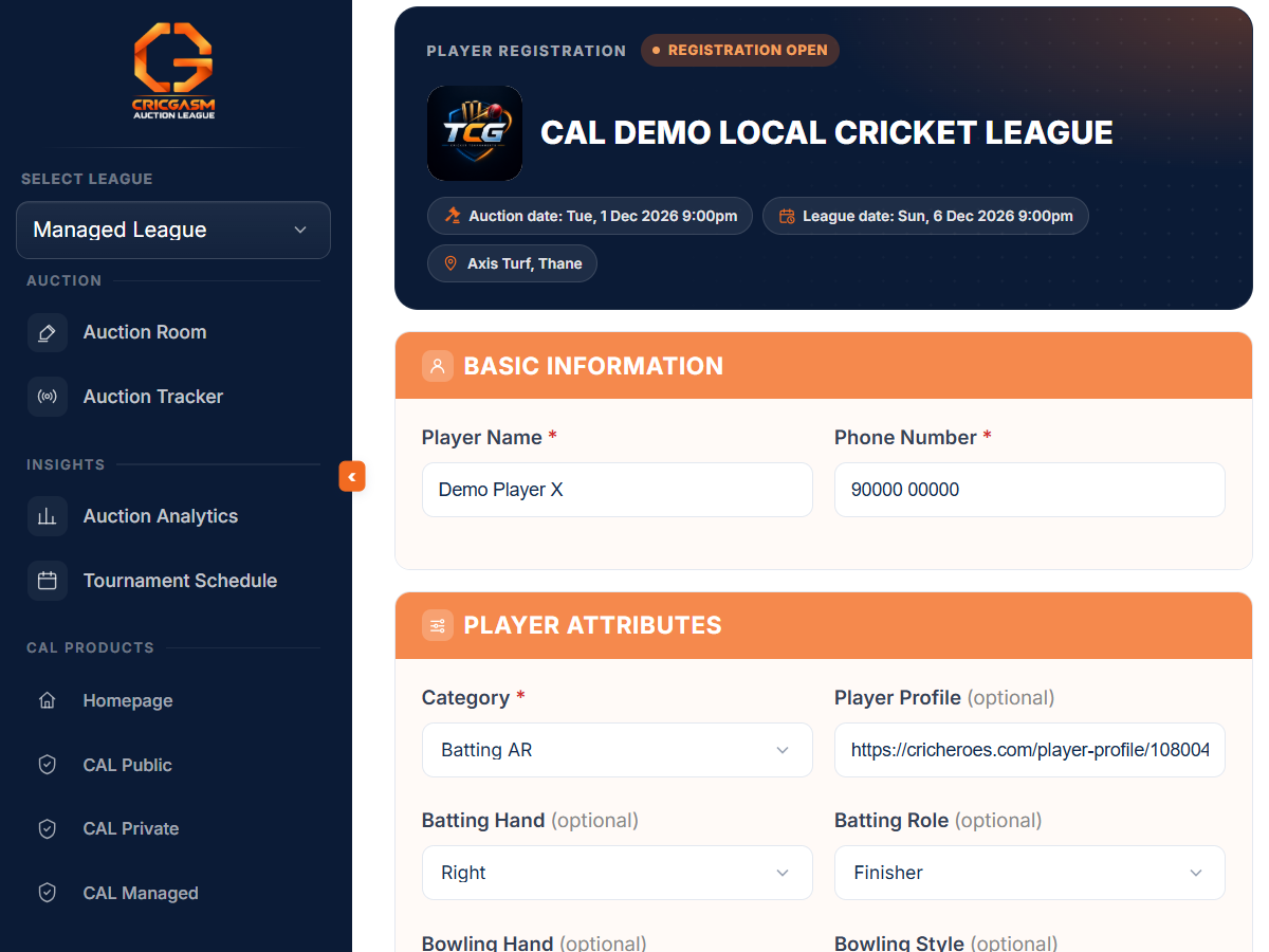 Player registration form: Rate yourself and player details