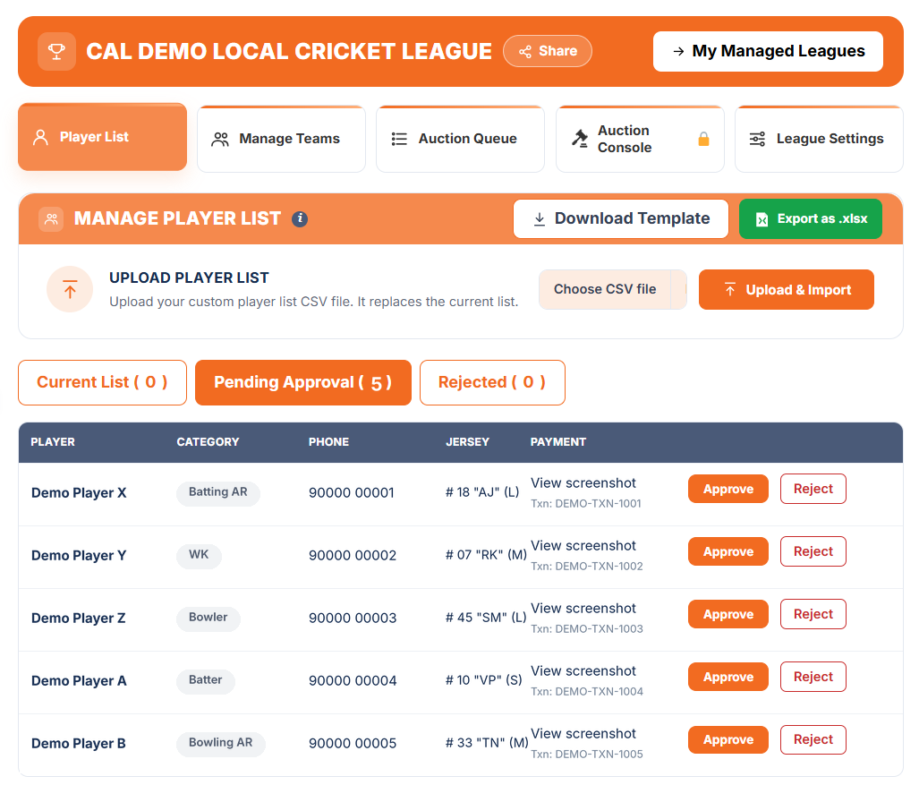 Player List: Pending Approval registrations