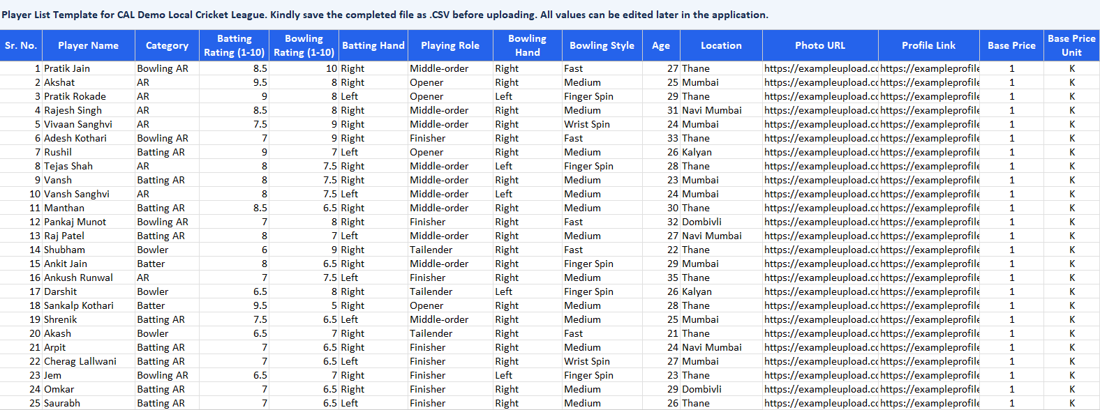 Player List template: fill in and save as CSV