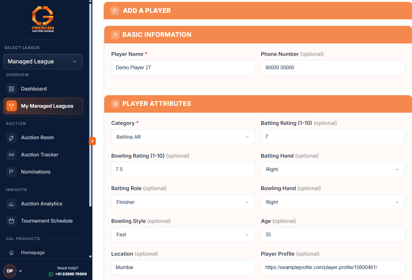 Add a Player form: add one player at a time