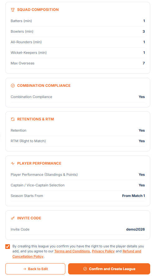 Review and Create League summary