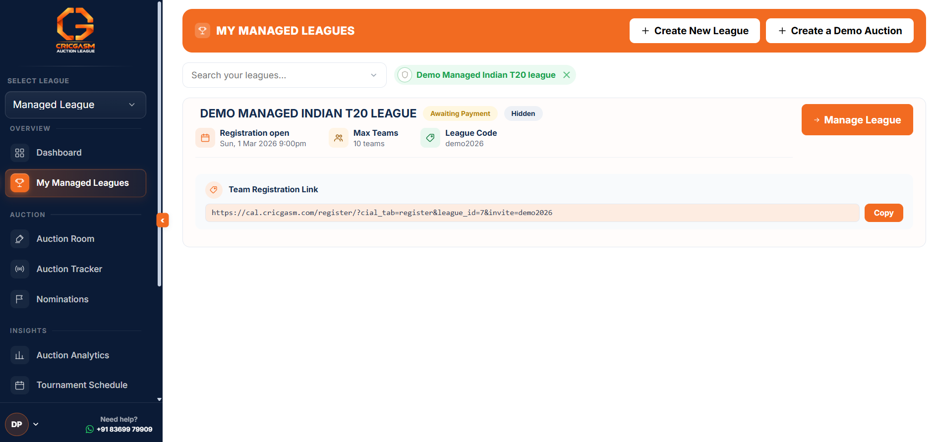 Your league card shows the league code and a Team Registration Link to share