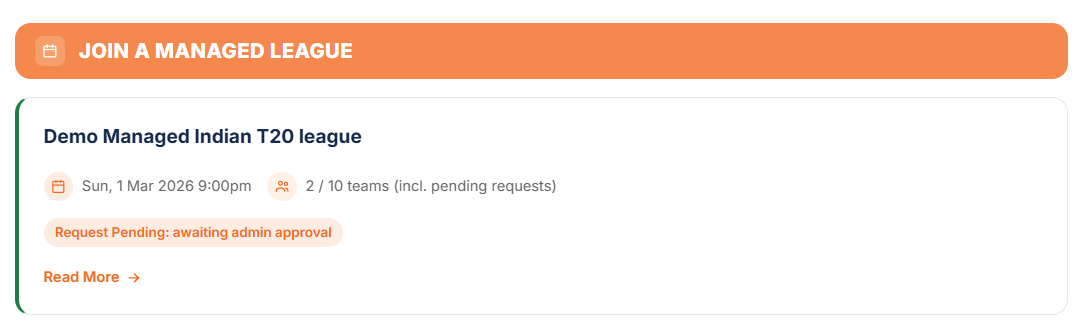 After joining, the team shows on their dashboard marked Request Pending
