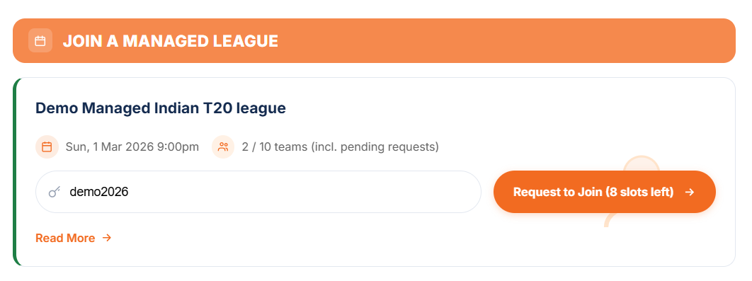 Joining with a league code from your dashboard: Join a Managed League