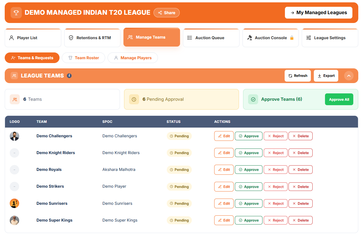Manage Teams: League Teams with requests to approve