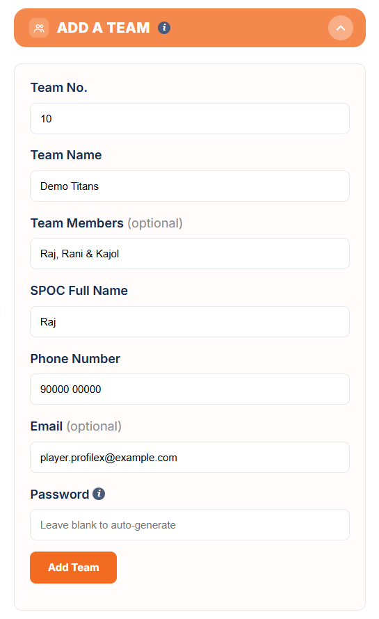Manage Teams: Add a Team