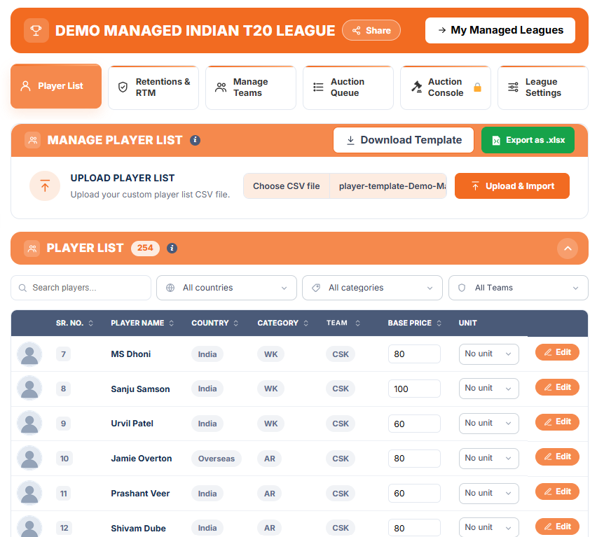 Player List tab with Download Template and Upload and Import