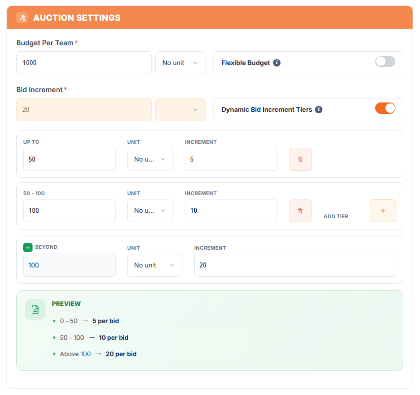 League Settings: Auction Settings with budget, bid increment and squad size