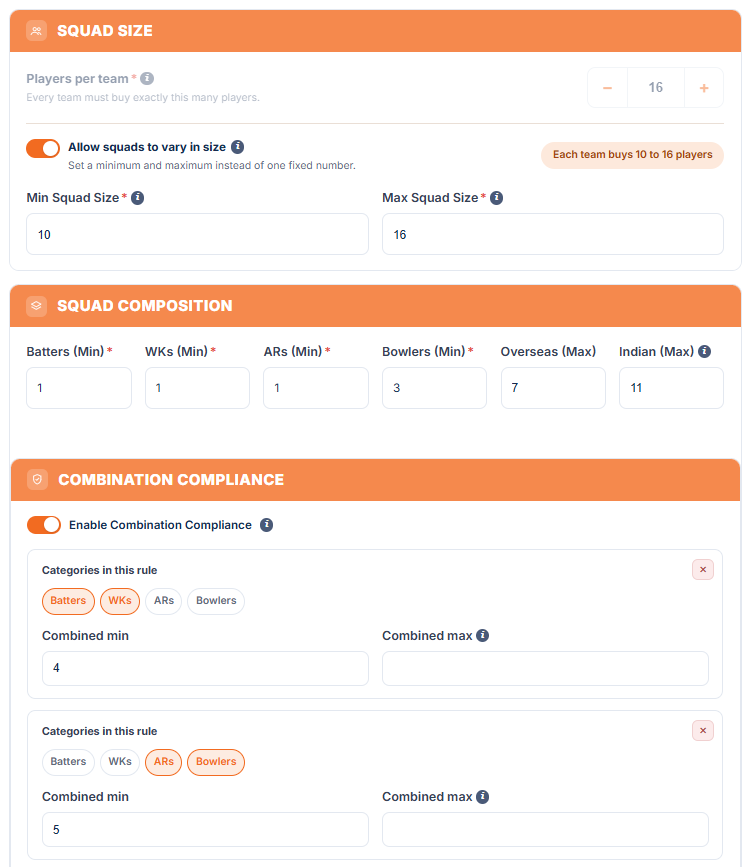 League Settings: Squad Composition and Combination Compliance