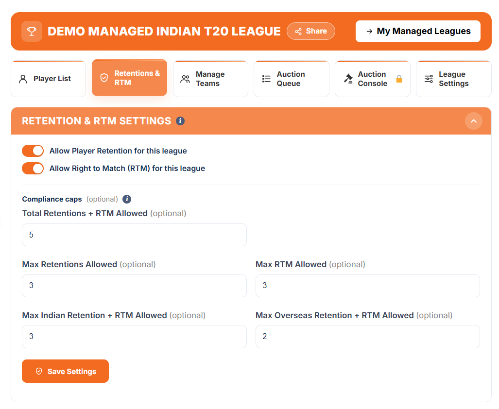 Retentions and RTM tab: settings and compliance caps