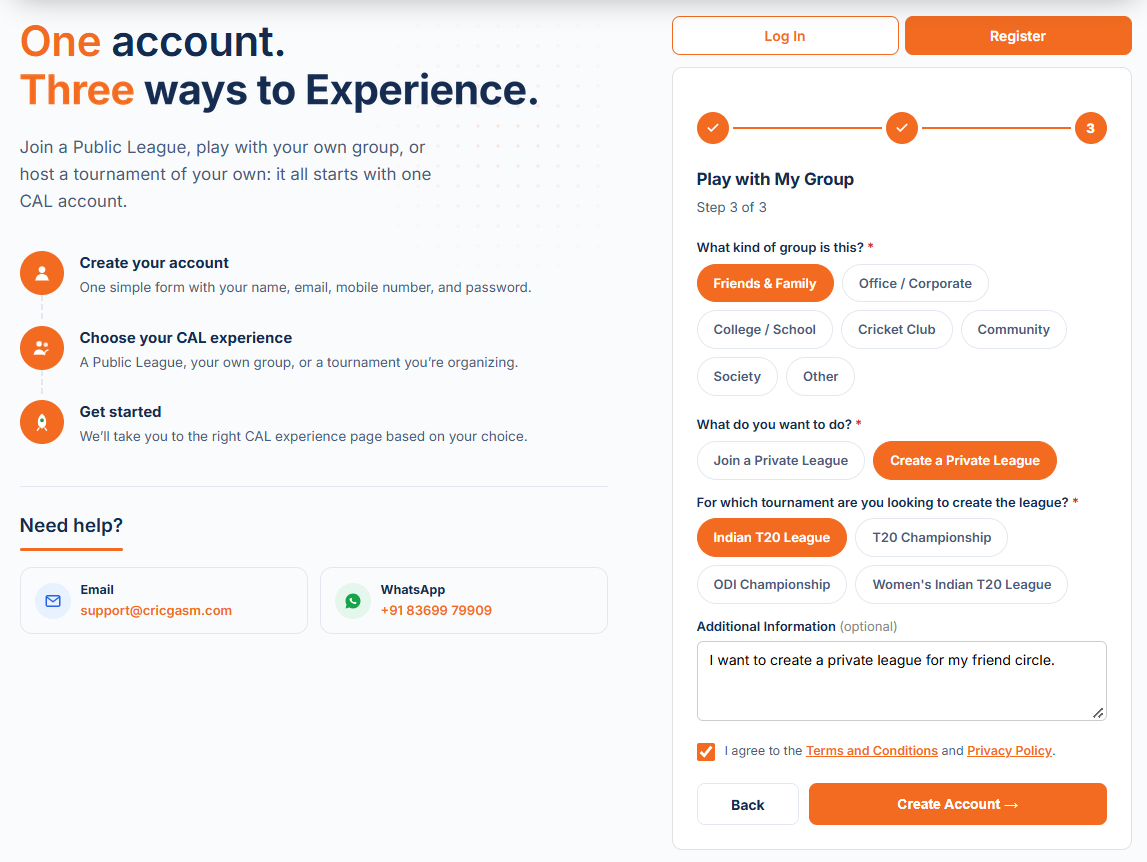 Register page, step 3 of 3: group type and Join or Create
