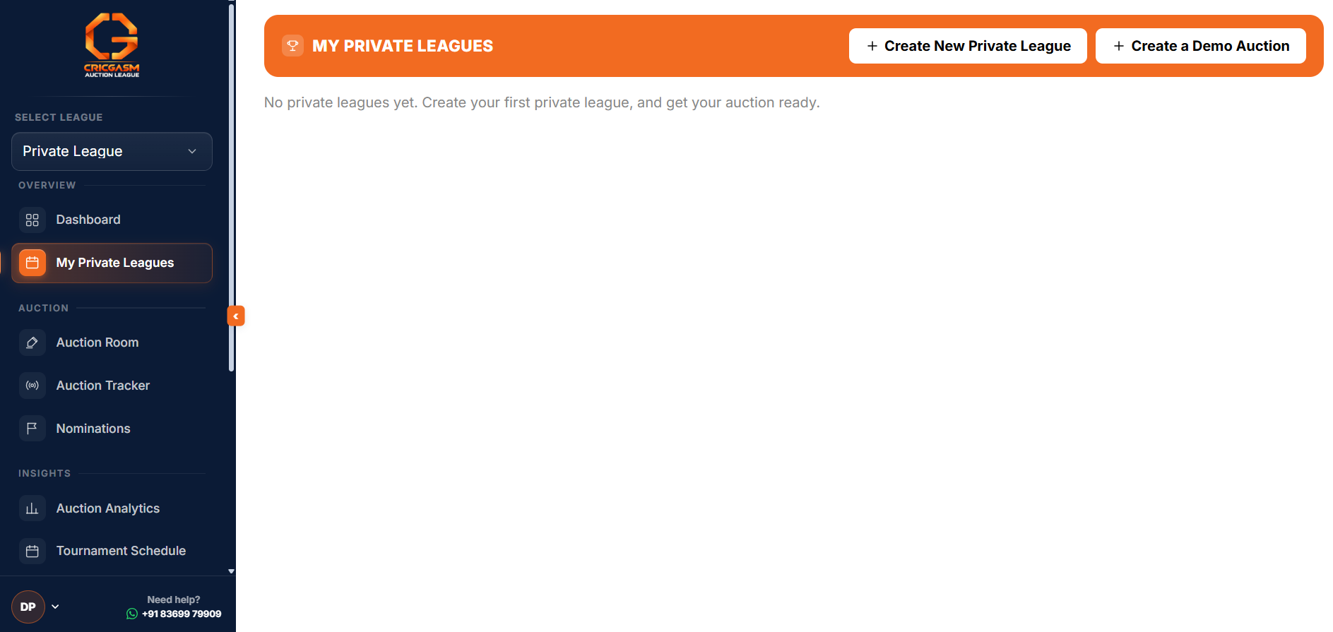 My Private Leagues console, with Create New Private League and Create a Demo Auction