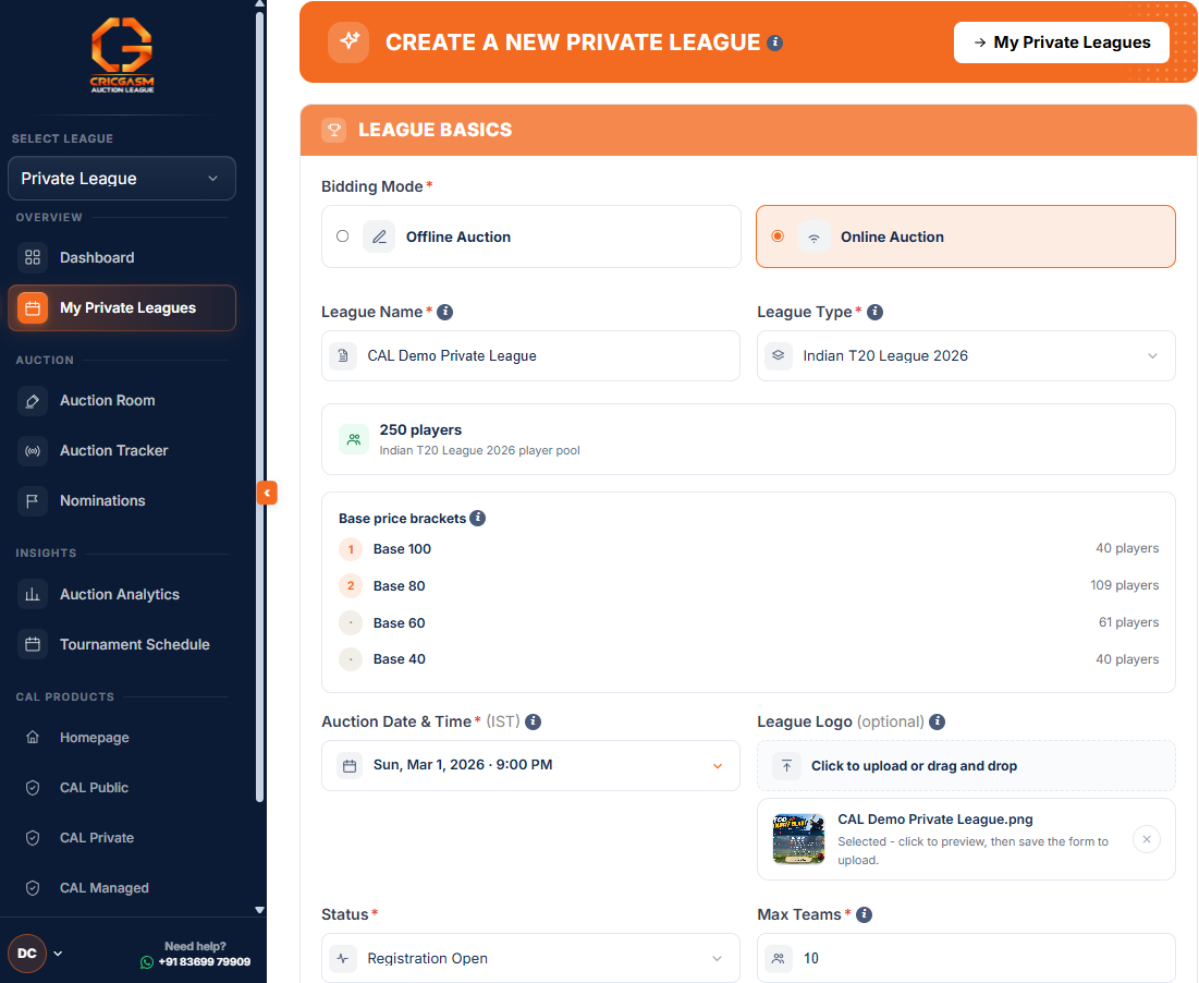 Create league form: League Basics