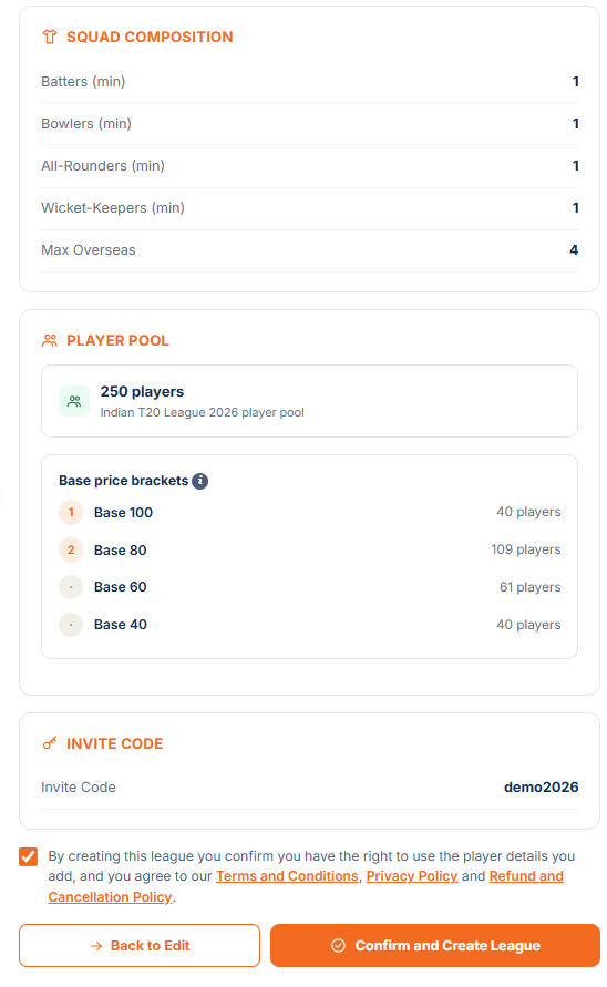 Review and Create League summary