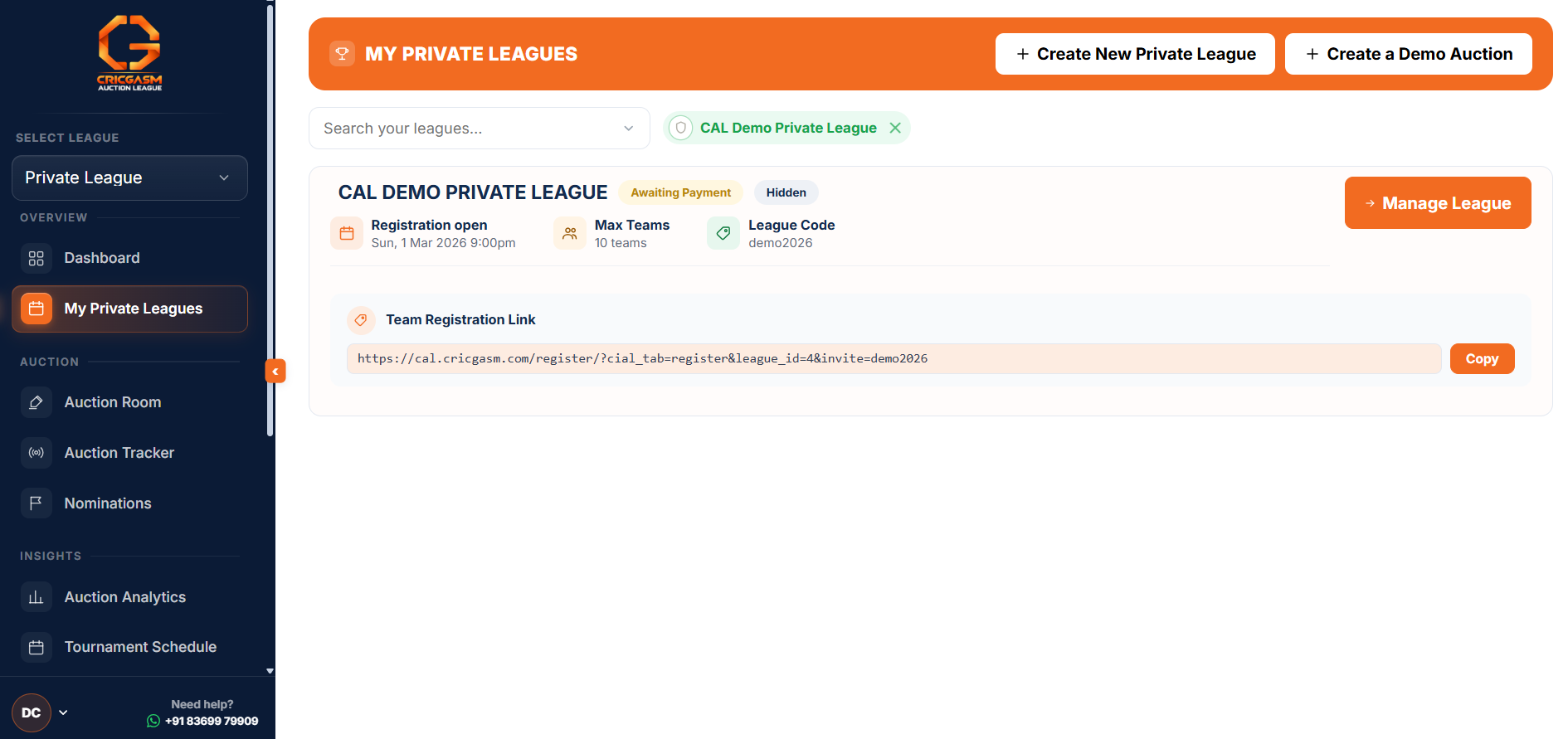 Your league card shows the league code and a Team Registration Link to share
