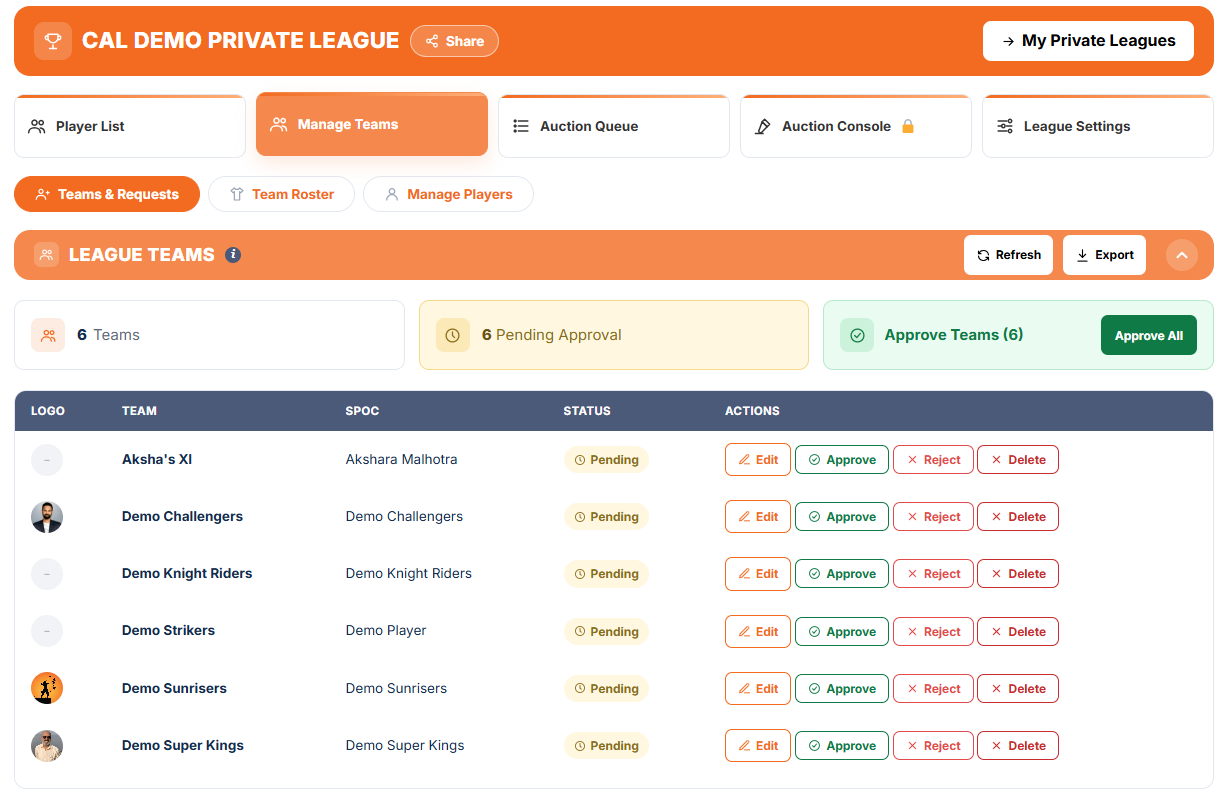 Teams and Requests: pending requests to approve