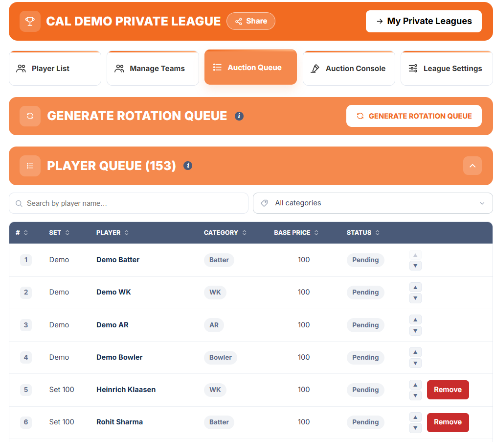 Auction Queue tab: Generate Rotation Queue