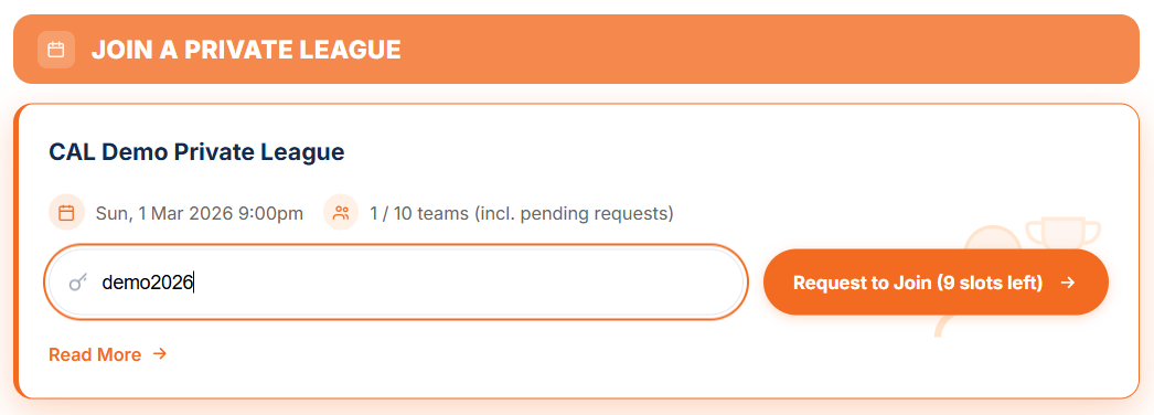 Joining with a league code from your dashboard: Join a Private League
