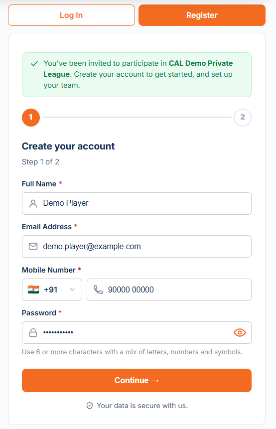 Friend opens the join link: step 1 of 2 with the invited banner