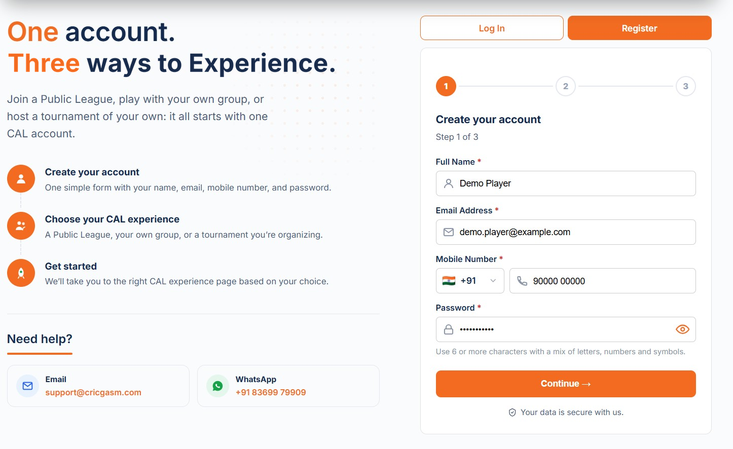 Register page, step 1 of 3 (your details)