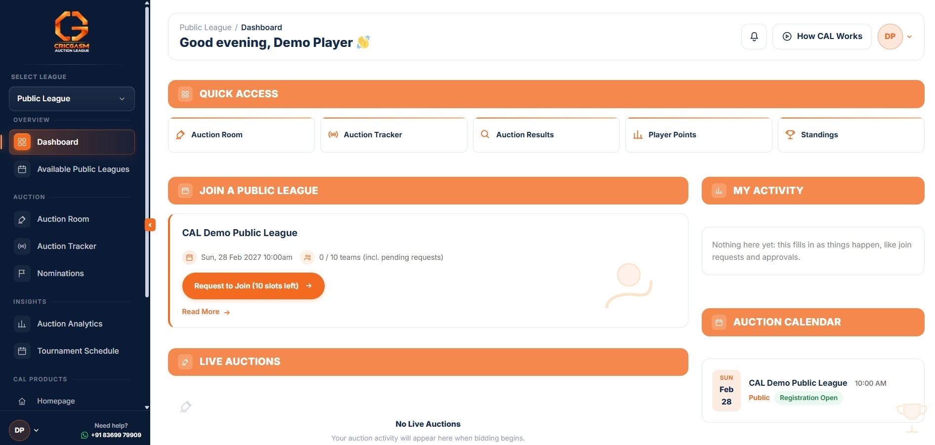 Dashboard, Join a Public League list