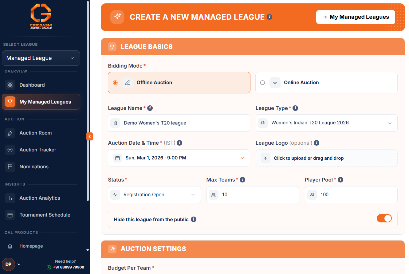 Create league form: Women's Indian T20 League selected, with League Basics
