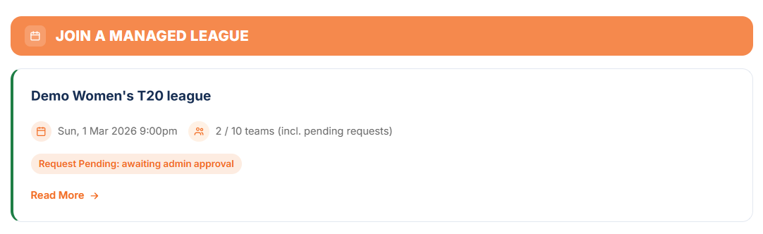 After joining, the team shows on their dashboard marked Request Pending