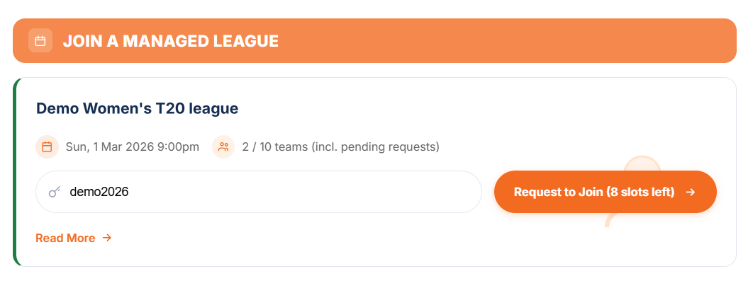 Joining with a league code from your dashboard: Join a Managed League