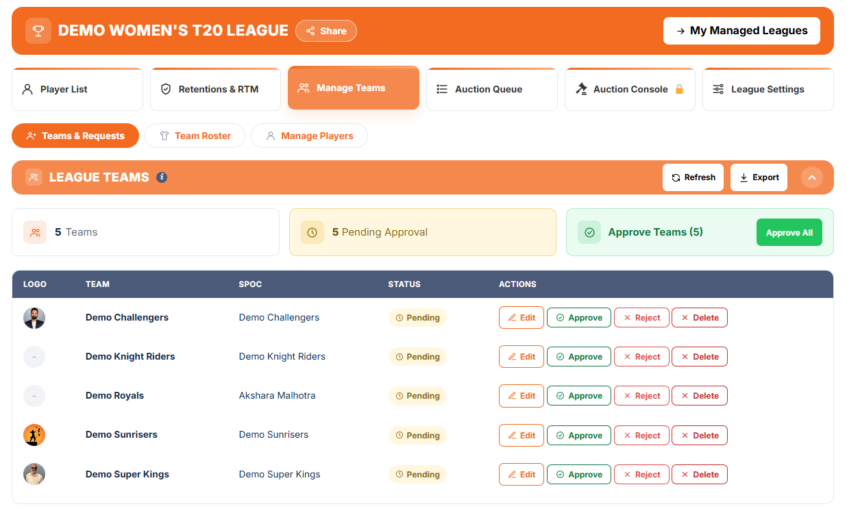 Manage Teams: League Teams with requests to approve