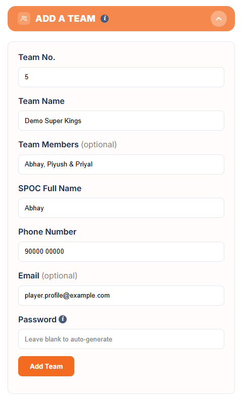 Manage Teams: Add a Team