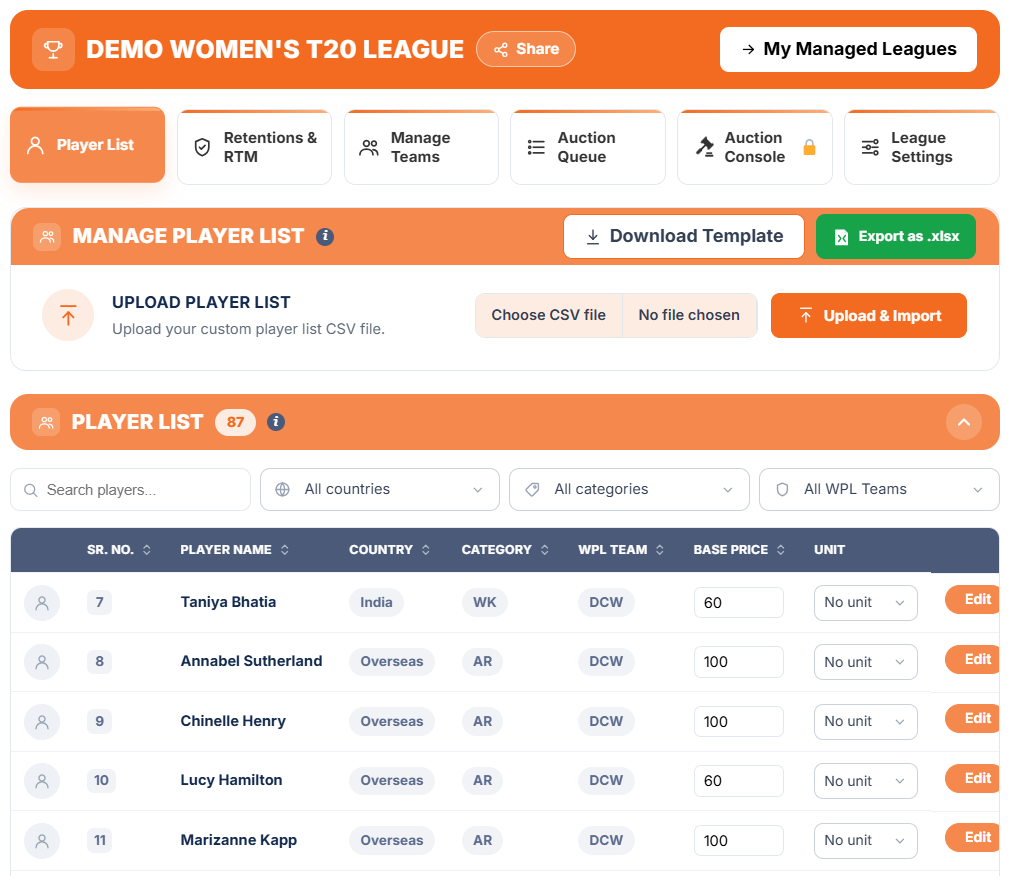 Player List tab with Download Template and Upload and Import