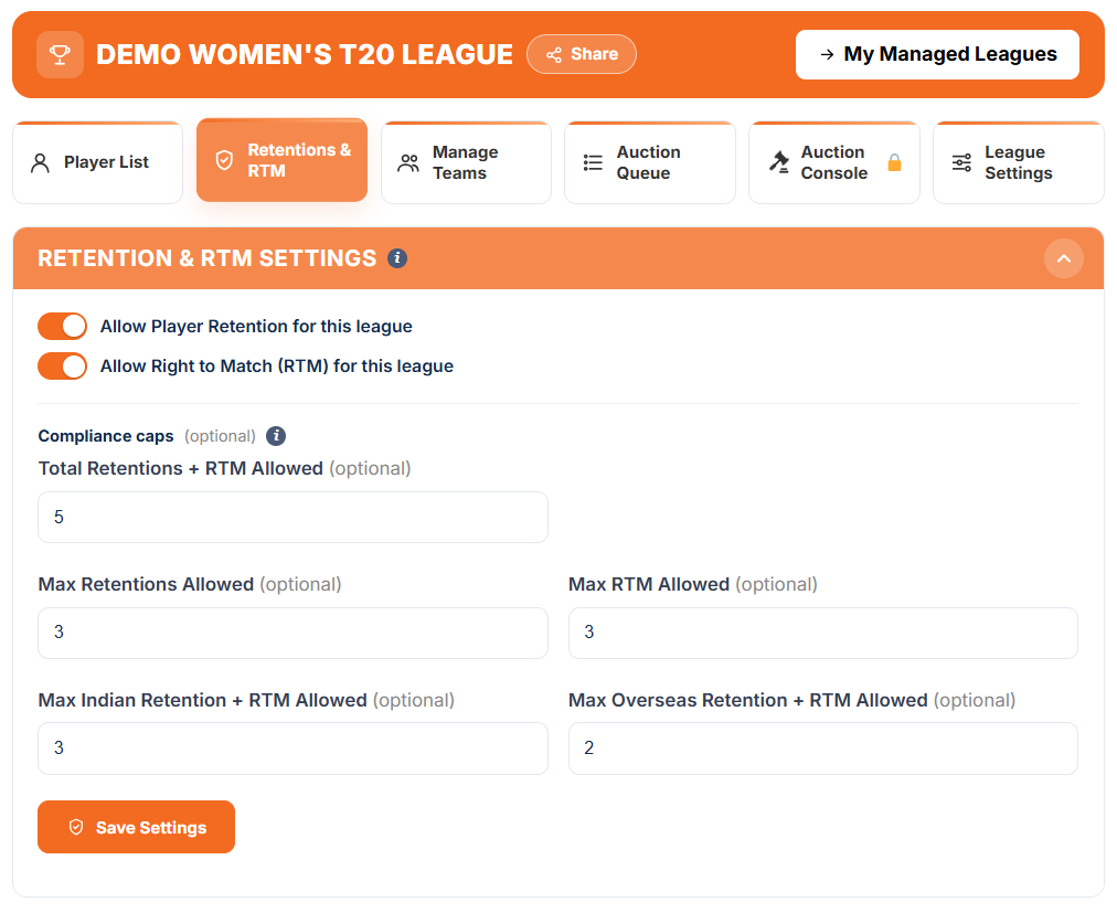 Retentions and RTM tab: settings and compliance caps