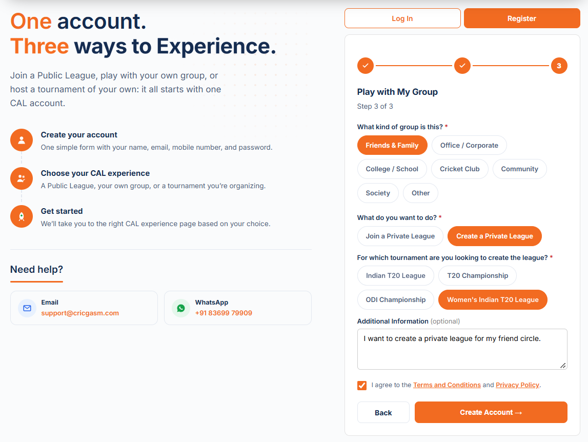 Register page, step 3 of 3: group type and Join or Create