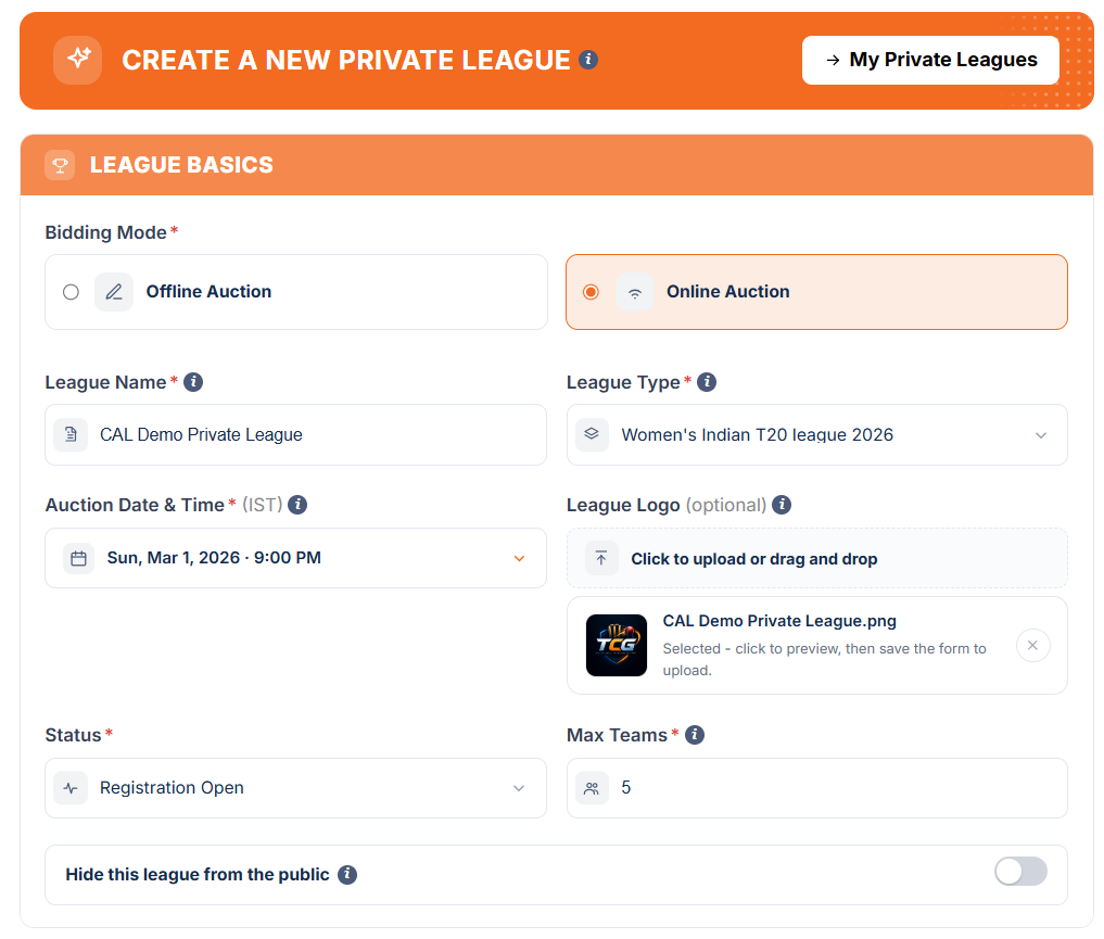 Create league form: League Basics
