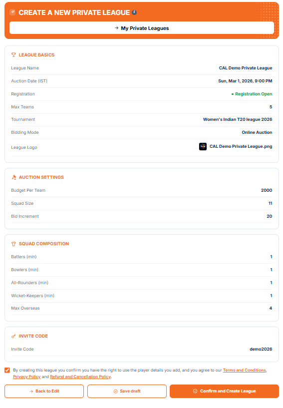 Review and Create League summary