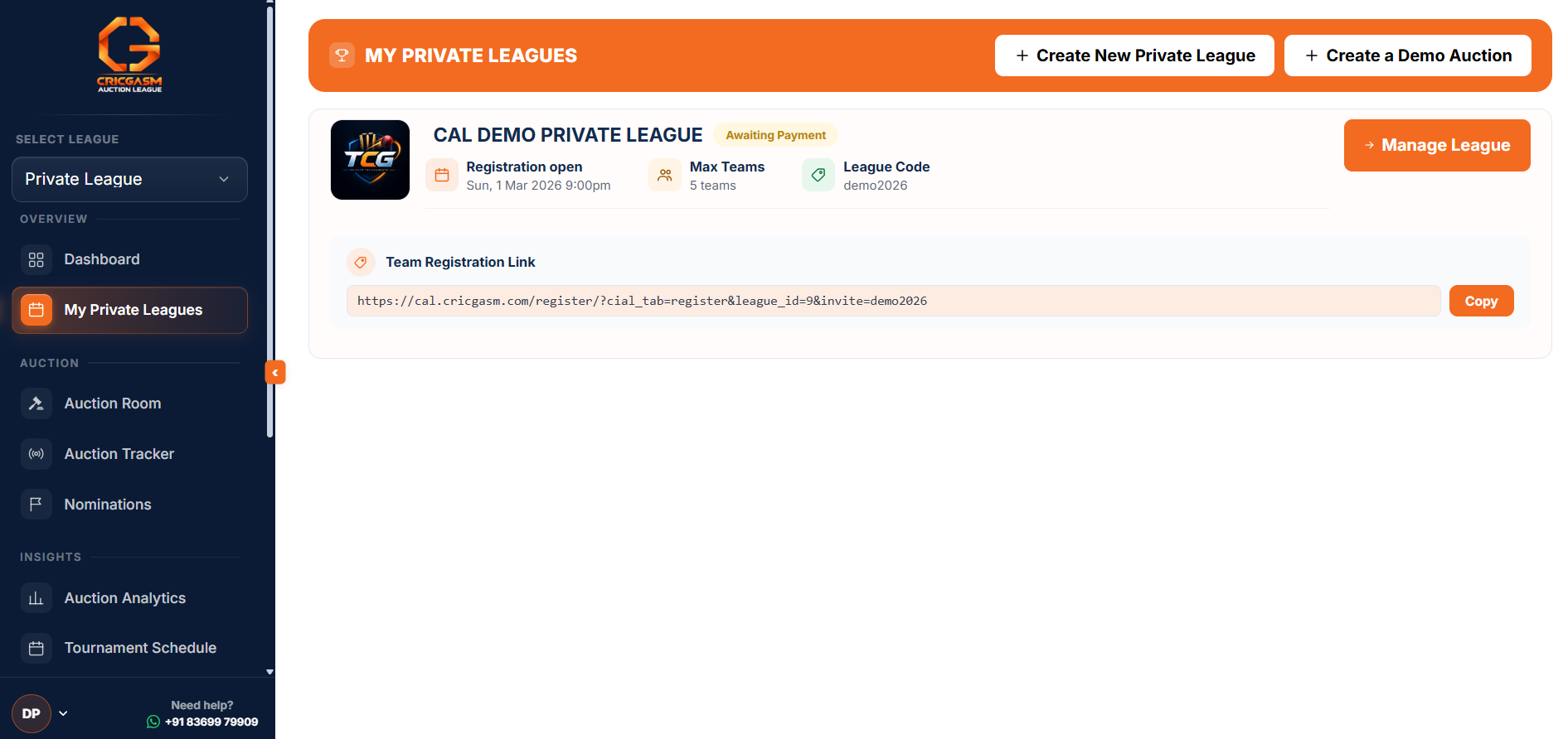Your league card shows the league code and a Team Registration Link to share