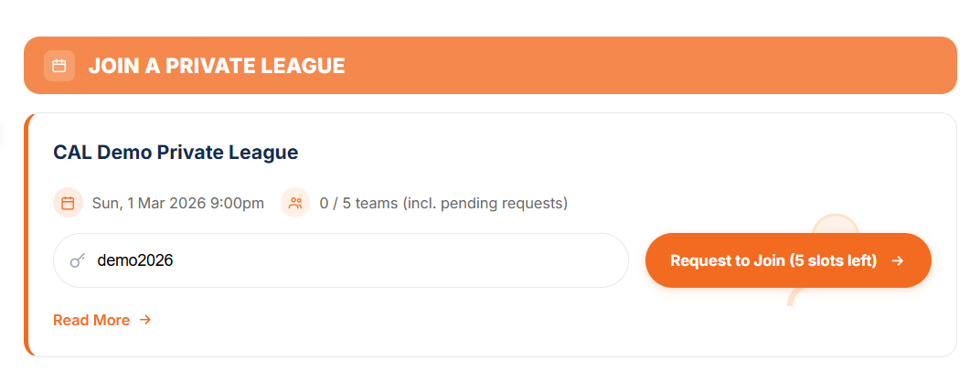 Joining with a league code from your dashboard: Join a Private League