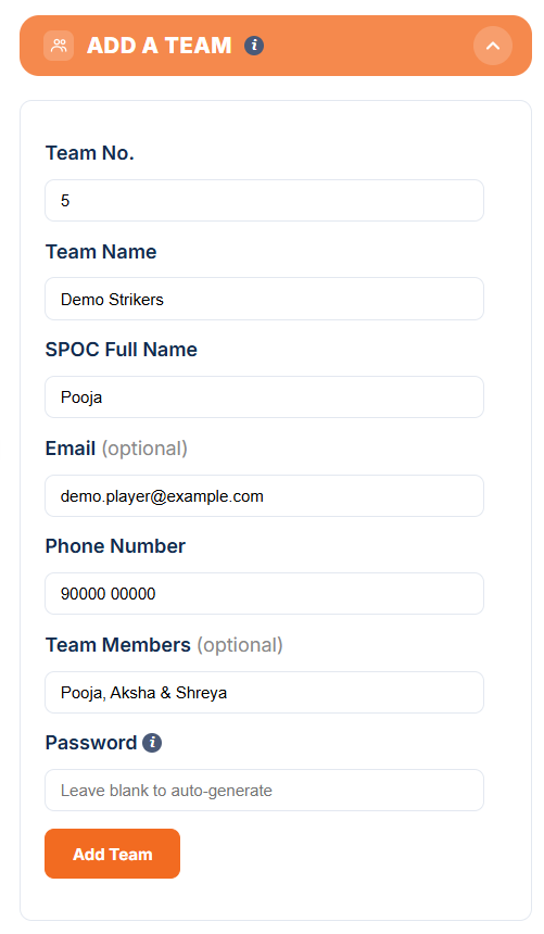 Manage Teams: Add a Team